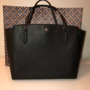 NWT Tory Burch Black Leather Emerson Top Zip Tote